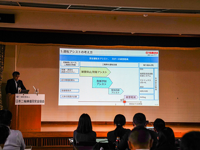 ヤマハ発動機の中島さんは「被害抑止/防衛アシスト」「危機予知アシスト」「緊急回避アシスト」「被害軽減」という4つの考え方から運転支援を行っていると説明